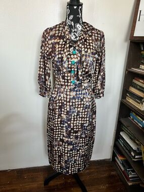 Vintage 1960s  Brown & Blue Patterned Button Dress with Turquoise Buttons